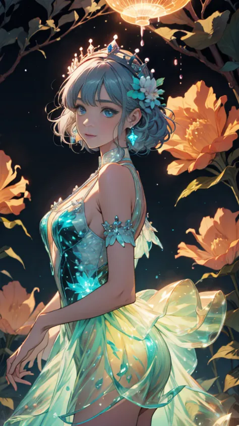 Charismatic, princess, flowers, glowing outfit, dark background, bioluminescent plants, fantasy world, crown, crytals