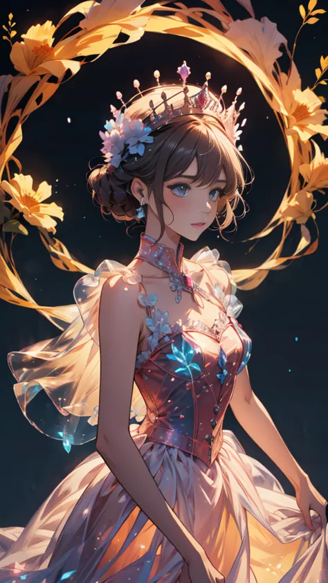 Charismatic, princess, flowers, glowing outfit, dark background, bioluminescent plants, fantasy world, crown, crytals
