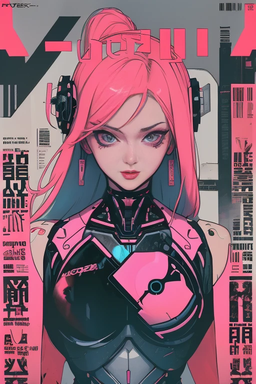 Feminine cyborg, magazine cover, poster art , hint of vibrant, bold sexy text