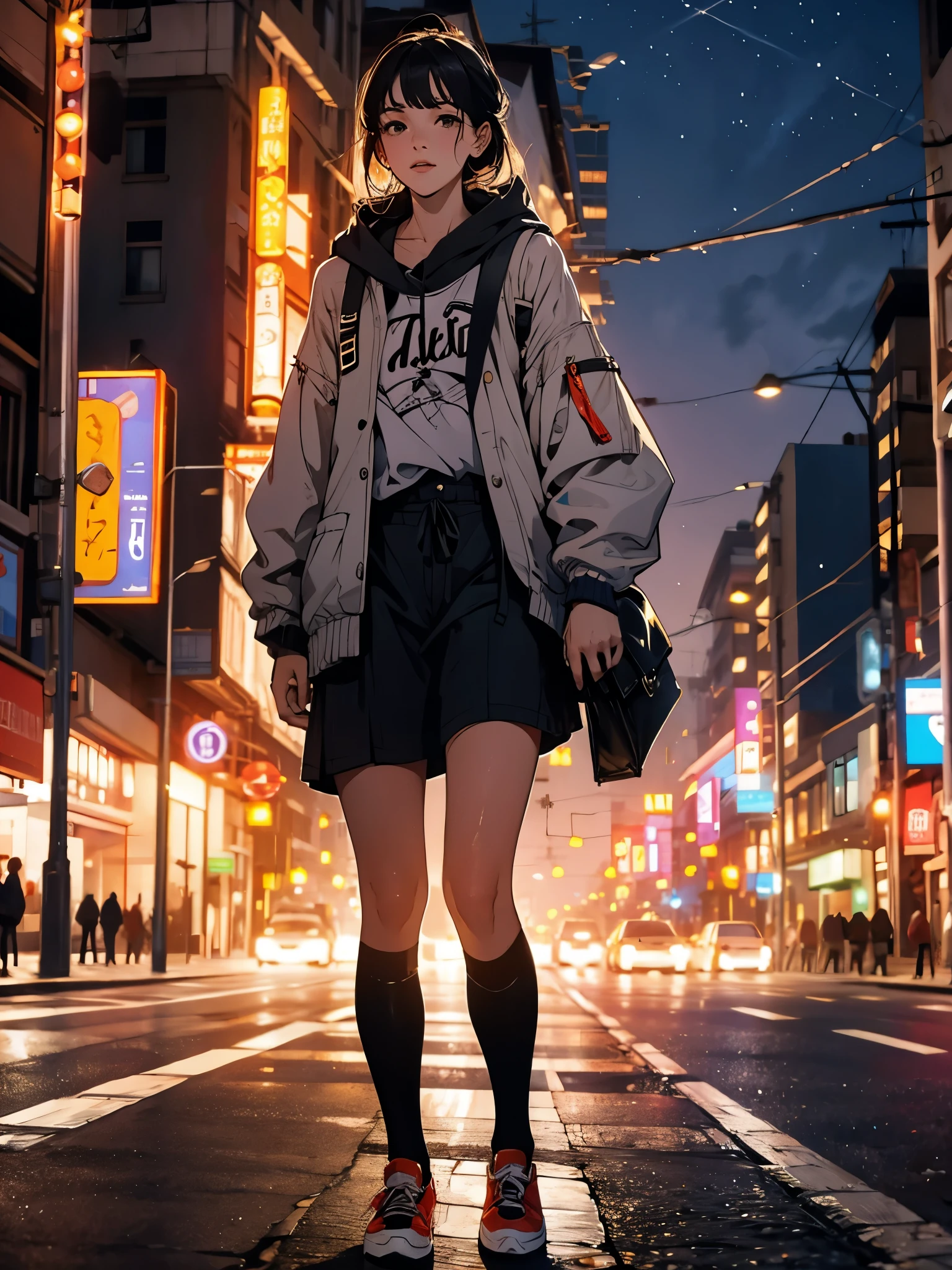 Una mujer joven parada en la calle., difuminar el fondo, hermoso, Fotorrealista