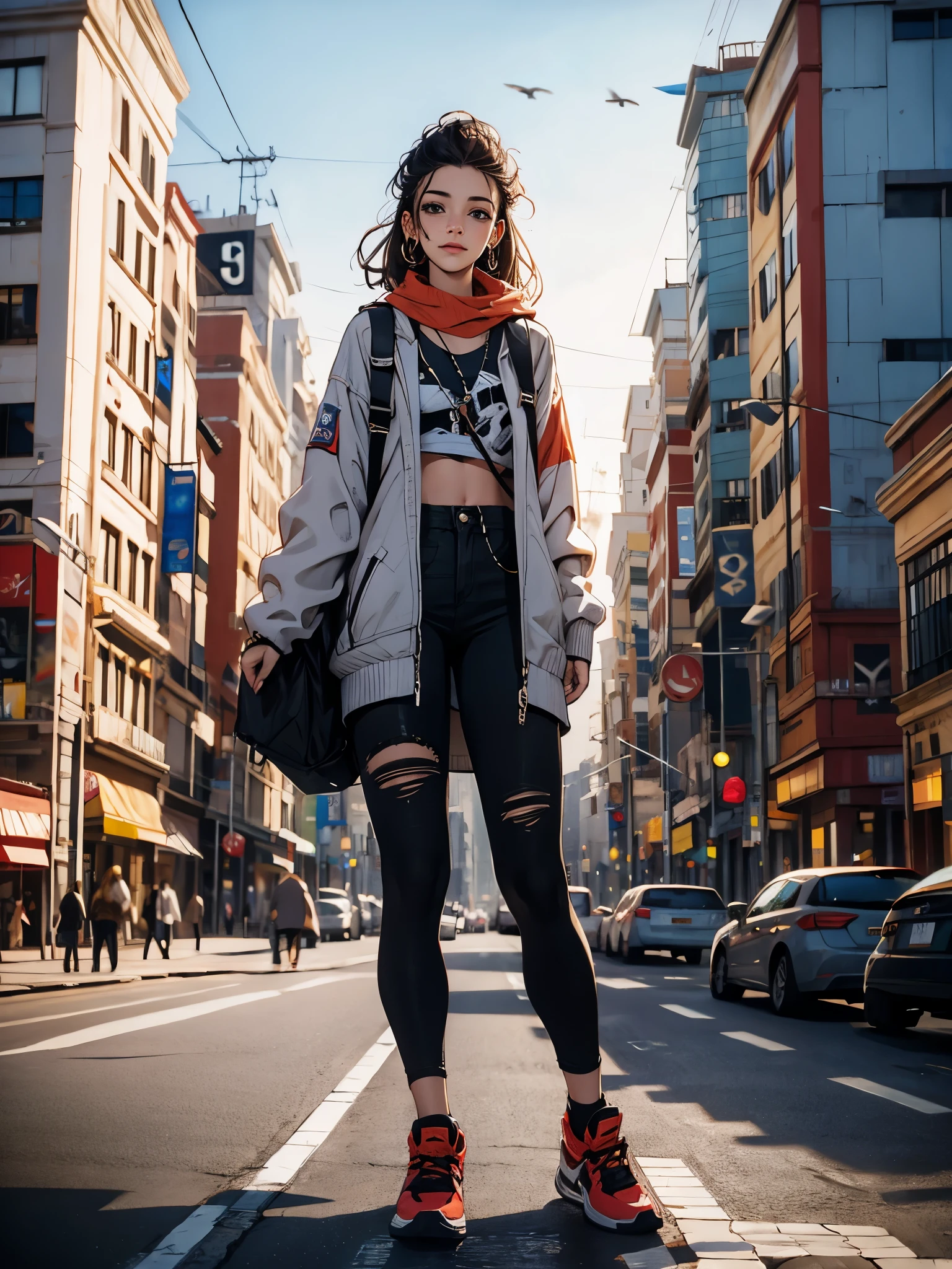 Una mujer joven parada en la calle., difuminar el fondo, hermoso, Fotorrealista