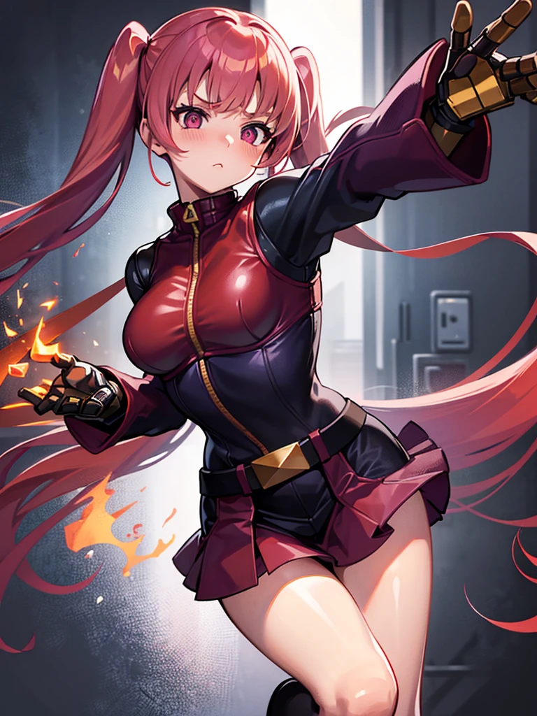 a girl，long red hair，Purple Eyes，blush，Female high school student，student，Black vest，Super detailed zipper，mini skirt，Knee socks，Rendering，best picture，looking into camera long twin tails，fighting stance，((flame))