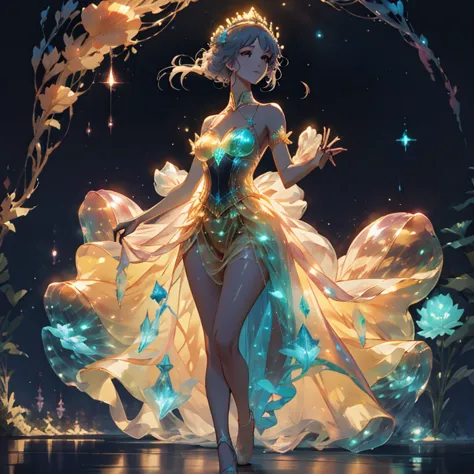 dancing princess, flowers, glowing outfit, dark background, bioluminescent plants, fantasy world, crown, crystals