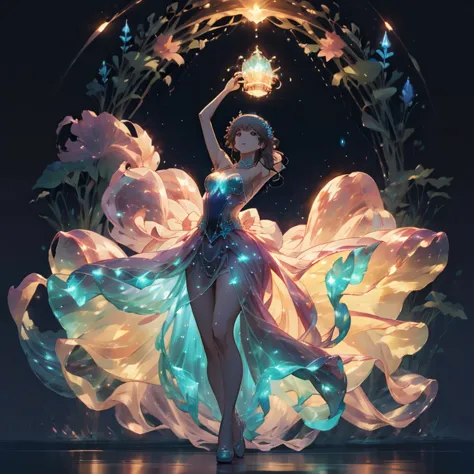 dancing princess, flowers, glowing outfit, dark background, bioluminescent plants, fantasy world, crown, crystals