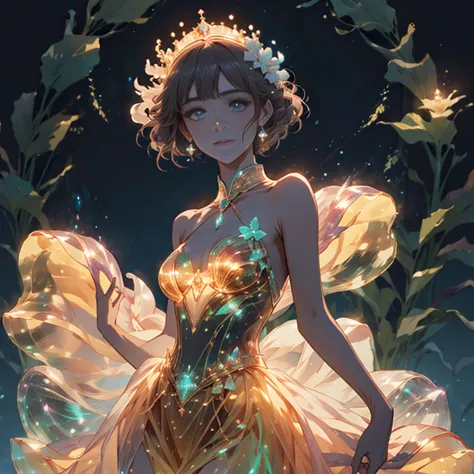 dancing princess, flowers, glowing outfit, dark background, bioluminescent plants, fantasy world, crown, crystals