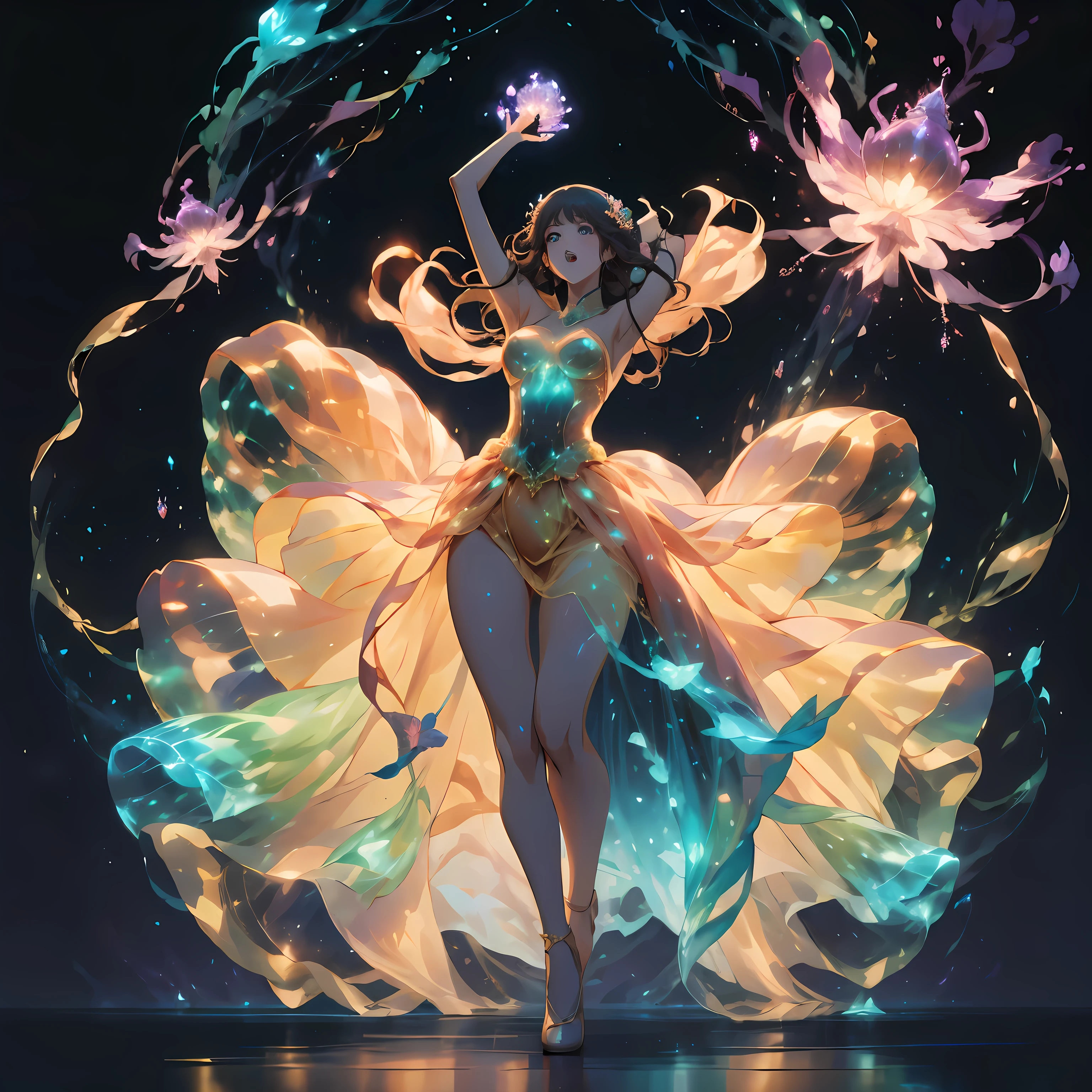 dancing princess, flowers, glowing outfit, dark background, bioluminescent plants, fantasy world, crown, crystals, detailed face, open mouth, blue eyes