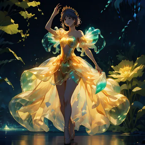 dancing princess, flowers, glowing outfit, dark background, bioluminescent plants, fantasy world, crown, crystals