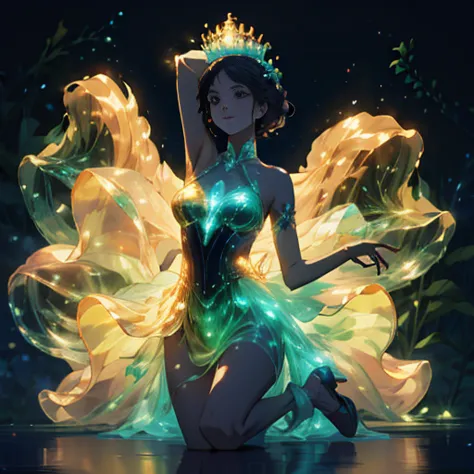 dancing princess, flowers, glowing outfit, dark background, bioluminescent plants, close-up, crown, crystals