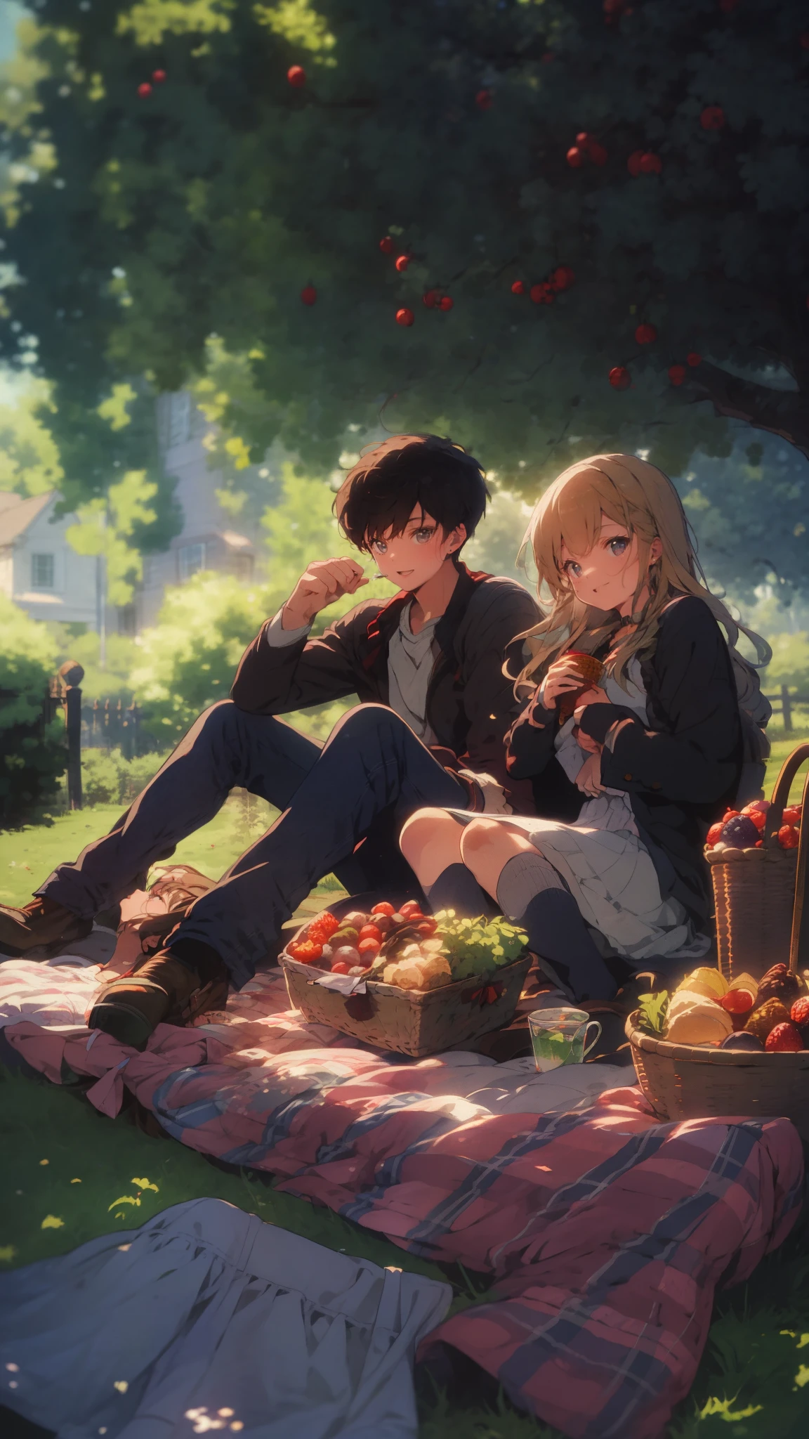 A teenage couple sitting on a checkered picnic blanket under a large willow tree, sharing a basket of fruits and pastries. English countryside, lush greenery, soft light, romantic, cinematic composition