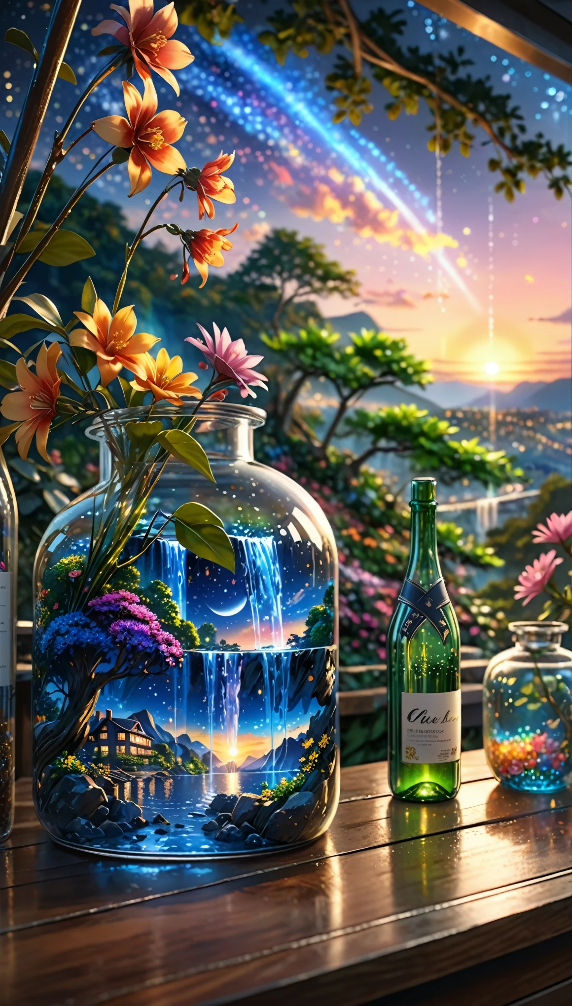 (masterpiece, best quality, ultra-detailed:1.2, realistic, super photorealistic, realistic illustration, 8k),

professional color grading, sharp focus, professional lighting, depth of field, ((landscape)), ((sci-fi movie)), ((concept art))
 close up bottoles, 
flower colors are sparkling and afternoon, waterfall, big tree, starry night, sunset, city in glass bottle, filling glass bottle with the sparkling starry night and city, filling glass bottle with the sunset view, many glass bottles in shelf, shelf is stored in house, 