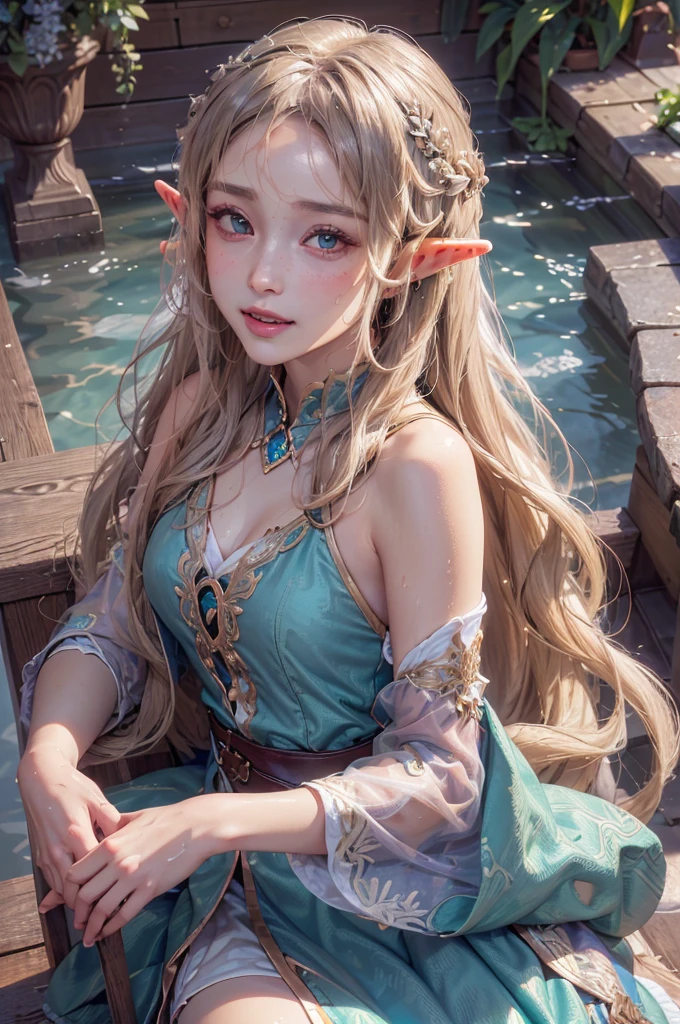 (highest quality, masterpiece:1.3), shape, ((Beautifully detailed face)), Beautiful and detailed skin, Intricate details, Very detailed, Best image quality in 8K, Mysterious figure,Fantasy World,A world of swords and magic,(lake:1.5),(18-year-old elf woman:Beautiful dress,Taking a bath),Baby Face,(Detailed Hair),Detailed lips,Open your mouth,blush,Embarrassing, smile,Realistic Face,Realistic Skin,(Vibrant Skin,Moisturized Skin:1.2),Vivid lips,Lip gloss,sexy,Wet Hair,Wet Skin