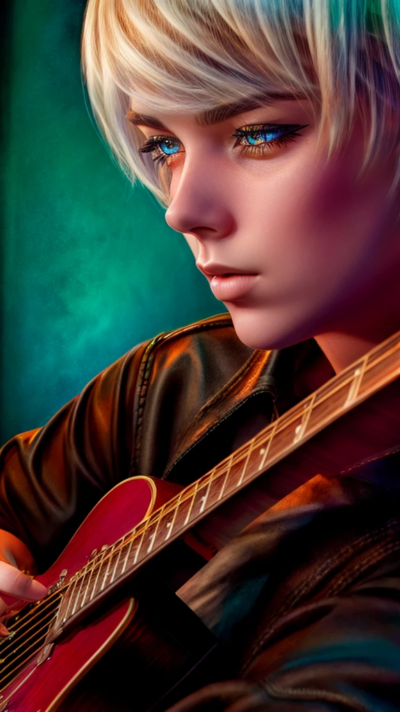 a guitar player, beautiful detailed eyes, beautiful detailed lips, extremely detailed eyes and face, long eyelashes, portrait, male, playing electric guitar, dynamic pose, dramatic lighting, cinematic, epic, vibrant colors, digital painting, hyper detailed, photorealistic, 8k, high resolution, best quality