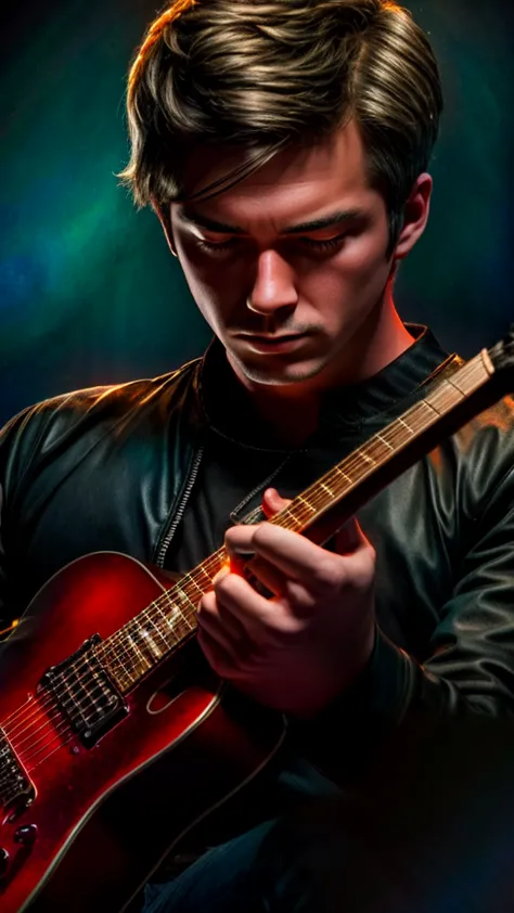 a male guitarist playing an electric guitar, detailed face and hands, dramatic lighting, cinematic composition, moody atmosphere...