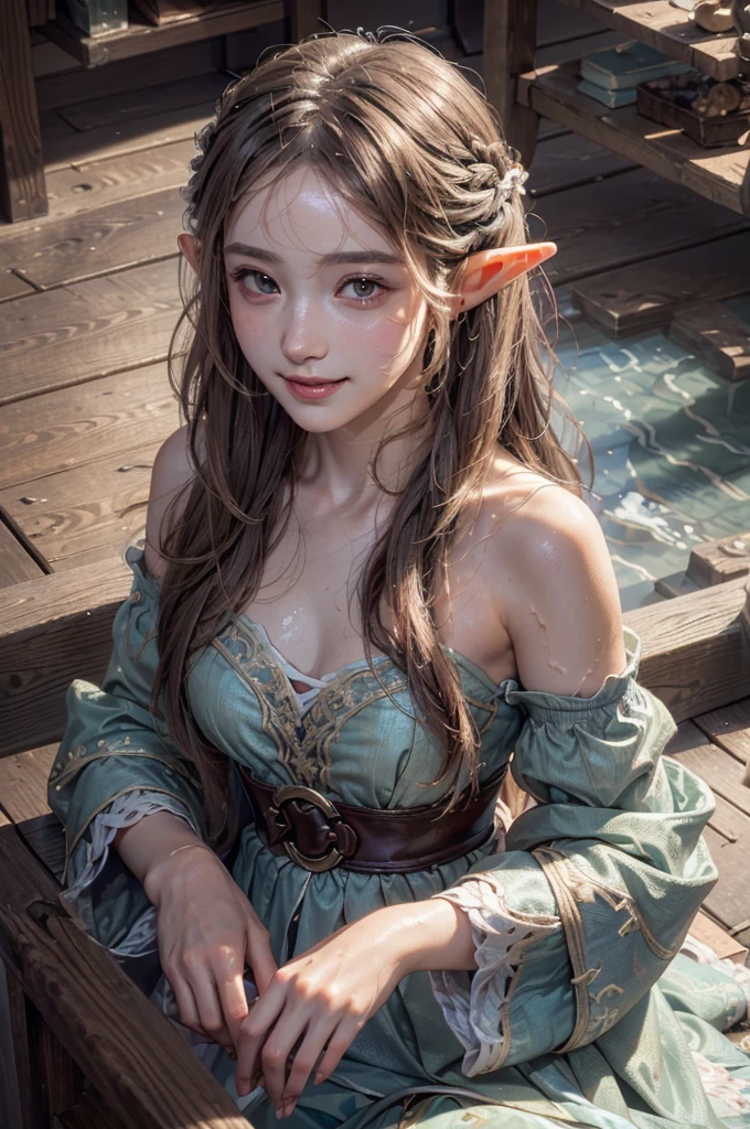 (highest quality, masterpiece:1.3), shape, ((Beautifully detailed face)), Beautiful and detailed skin, Intricate details, Very detailed, Best image quality in 8K, Mysterious figure,Fantasy World,A world of swords and magic,(lake:1.5),(18-year-old elf woman:Beautiful dress,Taking a bath),Baby Face,(Detailed Hair),Detailed lips,Open your mouth,blush,Embarrassing, smile,Realistic Face,Realistic Skin,(Vibrant Skin,Moisturized Skin:1.2),Vivid lips,Lip gloss,sexy,Wet Hair,Wet Skin