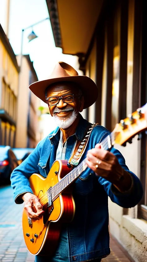 a cheerful old man guitarist, street corner, (best quality,4k,8k,highres,masterpiece:1.2),ultra-detailed,(realistic,photorealist...