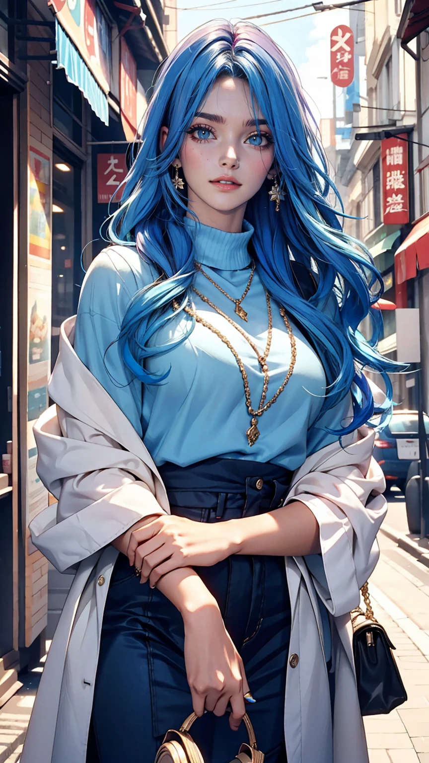 25-year-old woman、Hair color is gradient color、Eye color: Blue、semi-long、My hair is wavy、I&#39;m wearing eyeshadow and lipstick、I&#39;m wearing a headband、Accessories on the wrist、Slender but well-proportioned, slim and muscular body、Wearing a tie-front shirt、She&#39;s wearing a low-rise mini pleated skirt、smile、looking at the camera、surrounded by high concrete walls