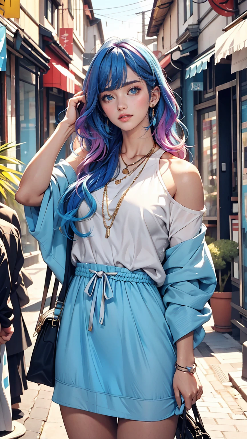 25-year-old woman、Hair color is gradient color、Eye color: Blue、semi-long、My hair is wavy、I&#39;m wearing eyeshadow and lipstick、I&#39;m wearing a headband、Accessories on the wrist、Slender but well-proportioned, slim and muscular body、Wearing a tie-front shirt、She&#39;s wearing a low-rise mini pleated skirt、smile、looking at the camera、surrounded by high concrete walls