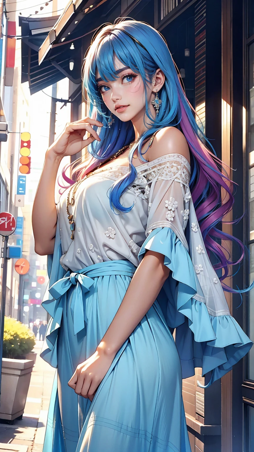 25-year-old woman、Hair color is gradient color、Eye color: Blue、semi-long、My hair is wavy、I&#39;m wearing eyeshadow and lipstick、I&#39;m wearing a headband、Accessories on the wrist、Slender but well-proportioned, slim and muscular body、Wearing a tie-front shirt、She&#39;s wearing a low-rise mini pleated skirt、smile、looking at the camera、surrounded by high concrete walls