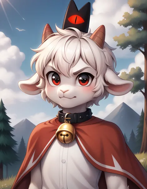 (best quality, high quality:1), cult of the lamb, sheep, male, cute, anthro, short, white fur, fluffy, small horns, angry face, ...