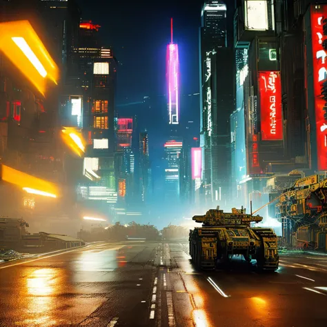 (rule of thirds),((ultra realistic illustration:1.3)). A dystopian cyberpunk cityscape, at ((night)). Gritty neon megacity, with...