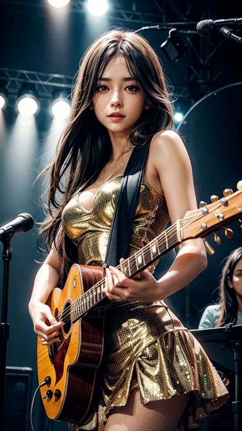 a beautiful girl in a stunning dress playing guitar on stage, gorgeous long hair, dramatic lighting, highly detailed, hyperreali...