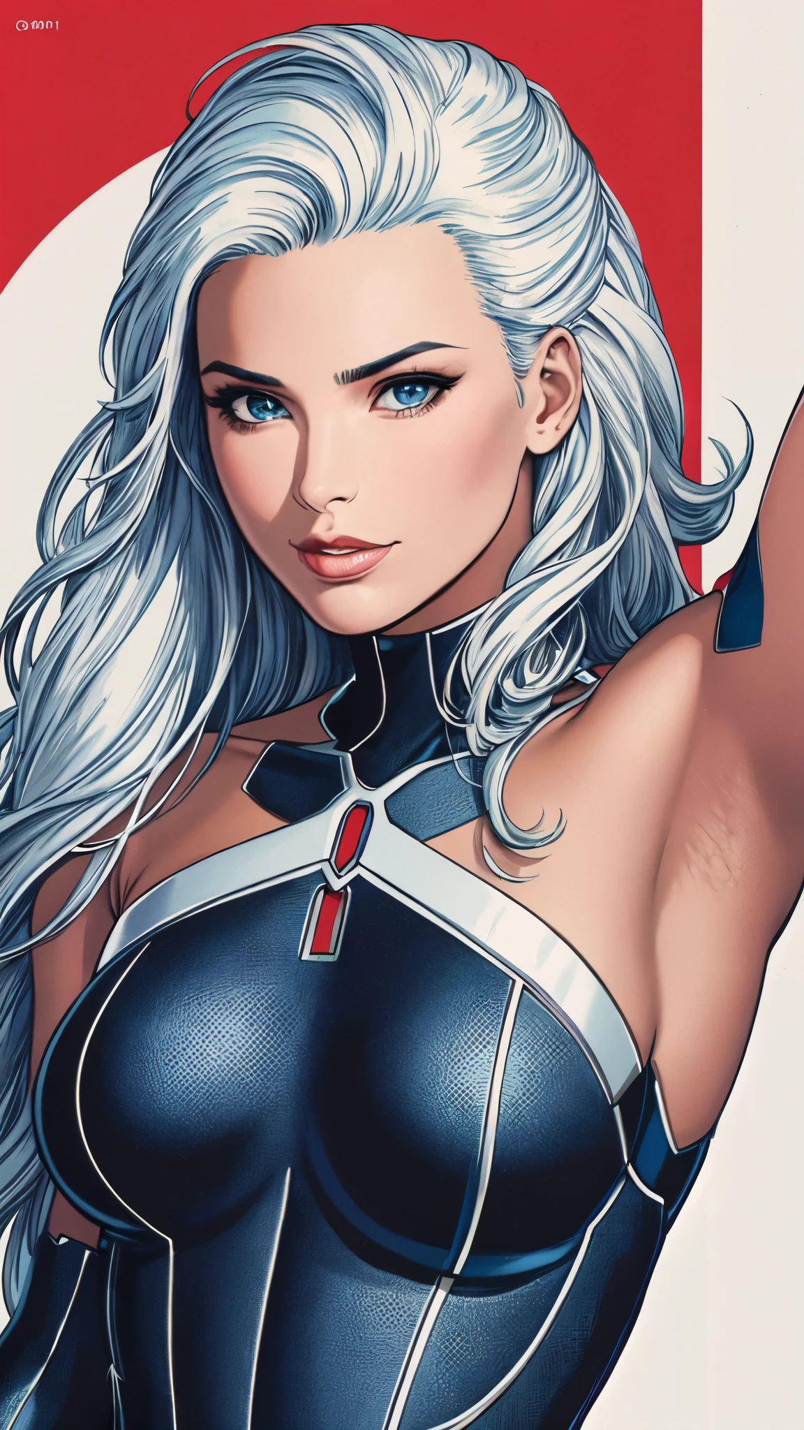 masterpiece,extremely beautiful woman,Excellent sense,(((perfect very white background))),American Comics,(((The Perfect One Woman))),(((one person))),colorful,Highly detailed perfect upper body,highly detailed face,near future,SF,