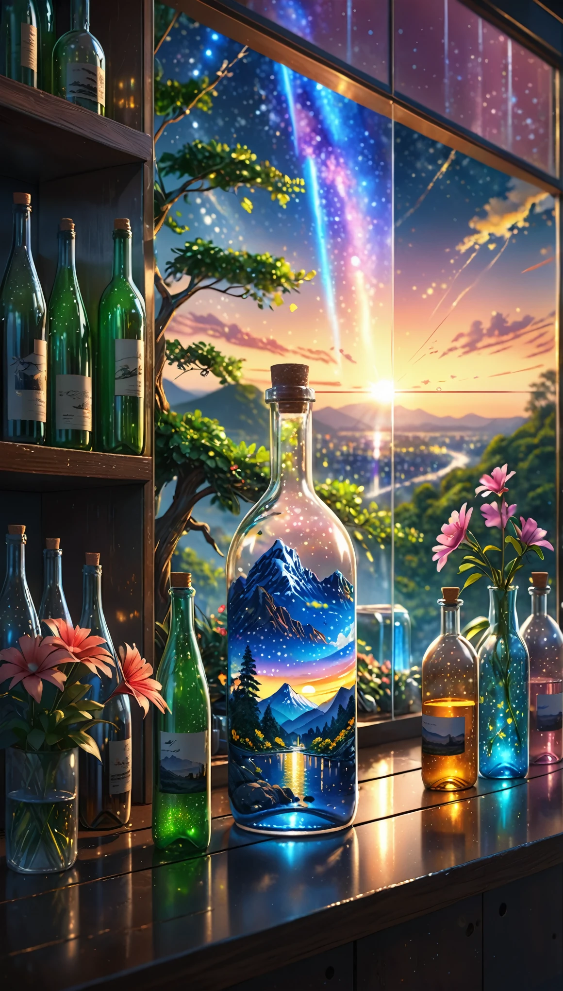 (masterpiece, best quality, ultra-detailed:1.2, realistic, super photorealistic, realistic illustration, 8k), professional color grading, sharp focus, professional lighting, depth of field, ((landscape)), ((sci-fi movie)), ((concept art)) close up bottles, flower colors are sparkling and afternoon, waterfall, big tree, starry night, sunset, city in glass bottle, filling glass bottle with the sparkling starry night and city, filling glass bottle with the sunset view, many glass bottles in shelf, shelf is stored in house,