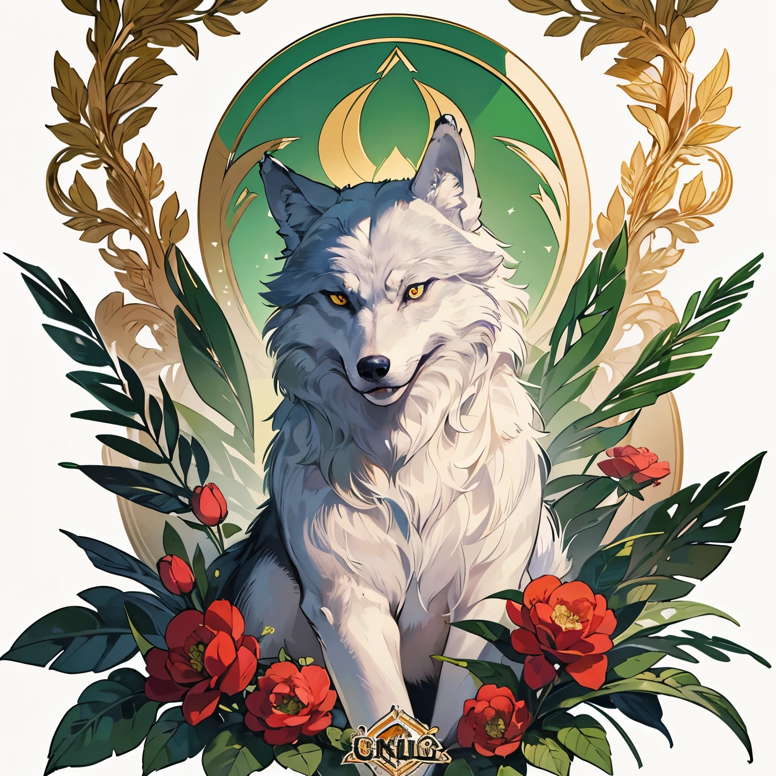 highest quality, highest quality, (((One Wolf))), logo, White background only, Symbolism, 14k, Complex and detailed, simple frame, green, (((no human))), Fine fur, sparkling Eyes, corporate logo, Panorama, Long Shot, front, red flower, Top Quality, faint light