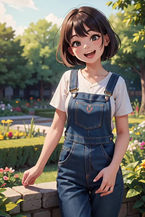 high quality, detailed, Young girl in dungarees, low length，garden, nude, I can see your chest, Laughing happily, sunny, I&#39;v...