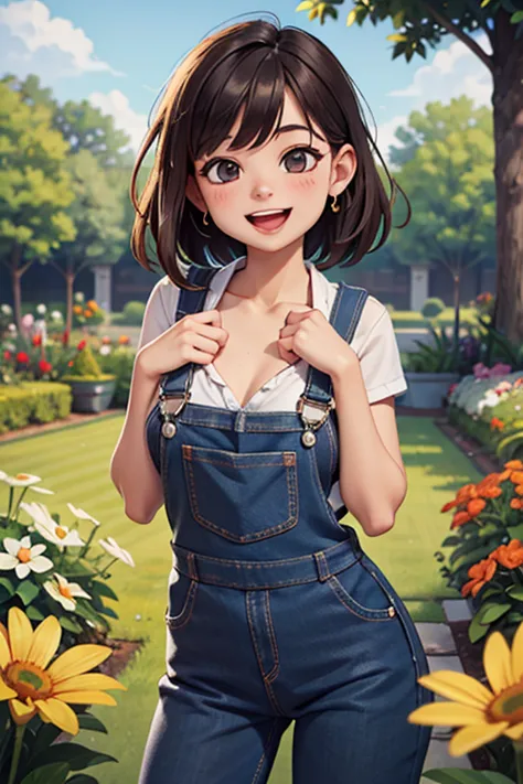 high quality, detailed, Young girl in dungarees, low length，garden, nude, I can see your chest, Laughing happily, sunny, I&#39;v...