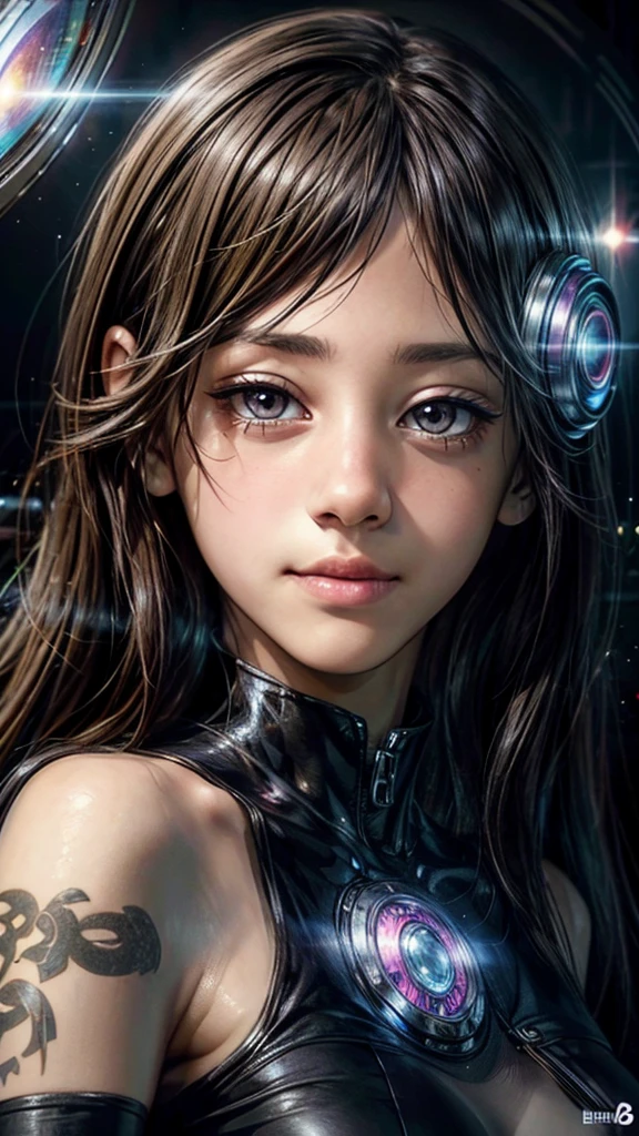 photorealistic portrait of a female guitarist idol in space, beautiful detailed eyes, beautiful detailed lips, extremely detailed face, long eyelashes, intricate jewelry, futuristic sci-fi cyberpunk outfit, glowing energy aura, galaxy stars background, dramatic cinematic lighting, vivid colors, digital art, concept art style, ultra-detailed, 8k, best quality, masterpiece