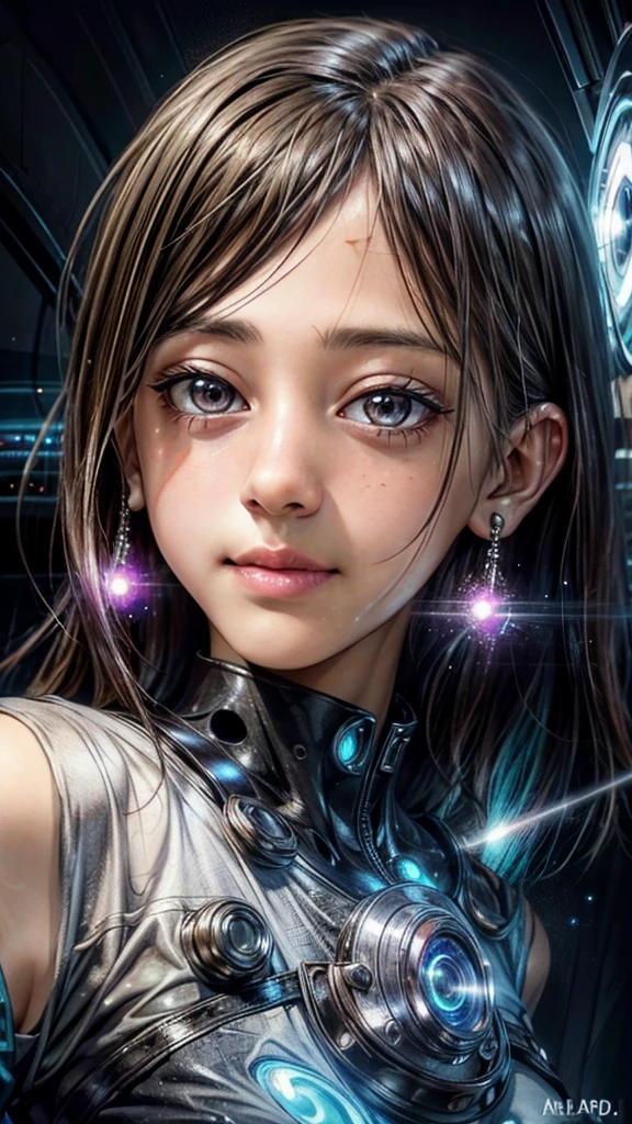 photorealistic portrait of a female guitarist idol in space, beautiful detailed eyes, beautiful detailed lips, extremely detailed face, long eyelashes, intricate jewelry, futuristic sci-fi cyberpunk outfit, glowing energy aura, galaxy stars background, dramatic cinematic lighting, vivid colors, digital art, concept art style, ultra-detailed, 8k, best quality, masterpiece