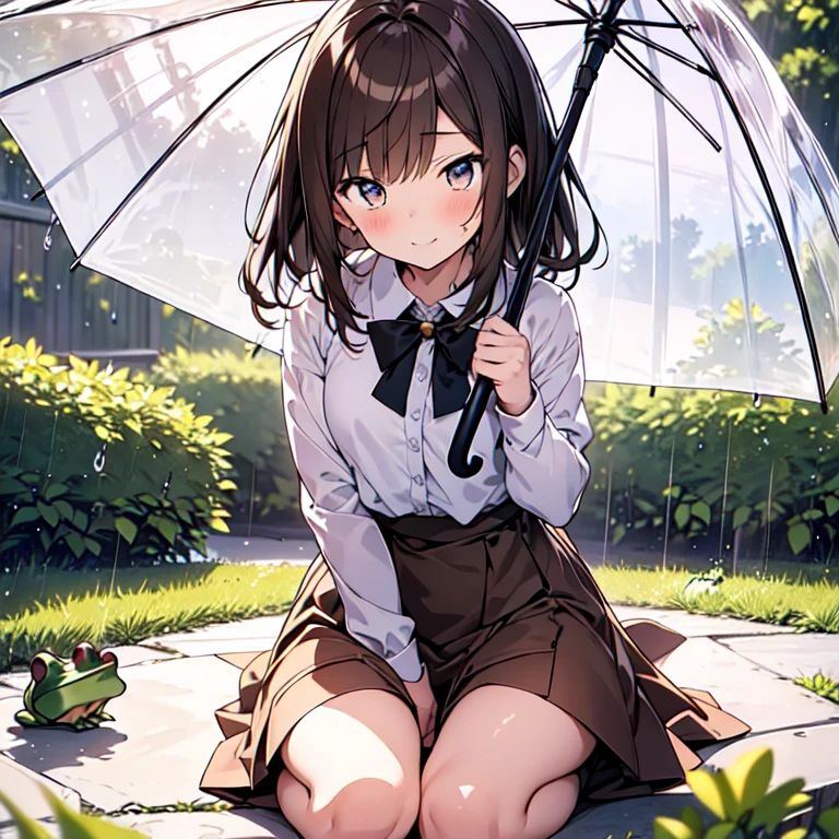 highest quality, masterpiece, Ultra-high resolution, 8k,
Rainy Sky,garden,(((Girl 1,Tiny frog 1))),Morning glories grow to waist height,(There is a tiny frog on a morning glory leaf),((A girl crouches under an umbrella and looks at a tiny frog)),(((looking at frog))),Wicked Smile,Happy,Sparkling eyes,Focus on Girls,
Show anime style ,  Soft Line Art, Digital Enhancement, shojo anime touch, shojo manga core, Flowing fabric, close, Soft Drawing, Ultra High Definition Digital Anime Art, Clear facial depiction, Super detailed 女の子 cartoon character art, Ultra-detailed manga style, highest qualityの色,
 (Short brown hair), Wet Hair,Beautiful brown hair, Clear brown eyes, Slightly thicker,Small breasts,Small Ass