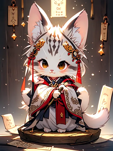 an enchanting image featuring an adorable kitten mage wearing intricate ancient robes, holding an ancient staff, hard at work in...