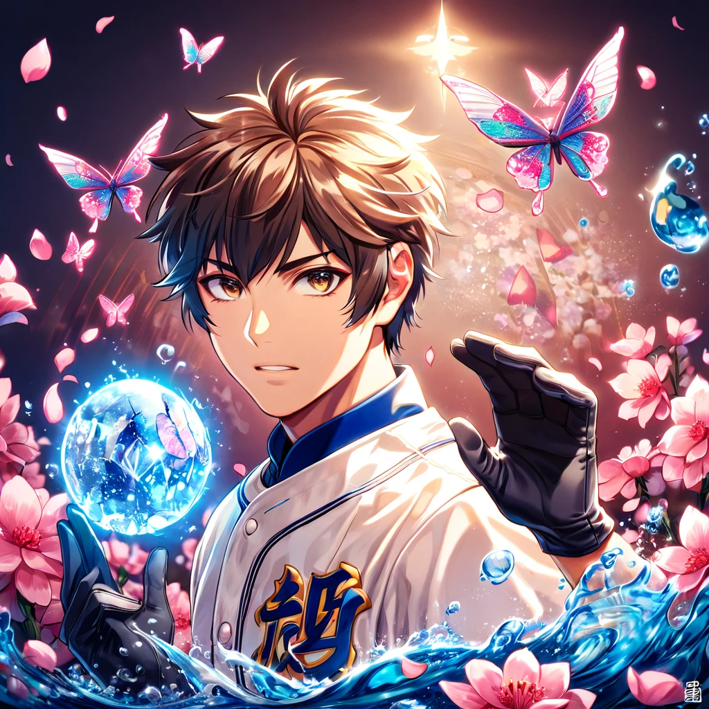 absurdres, highres, ultra detailed, HDR, master piece, best quality, extremely detailed face, delicated features, Sawamura Eijun, brown hair, expressive brown eyes, Diamond No Ace, solo, sexy man, handsome, white baseball uniform, black gloves, water, blossoms, pink flowers, pink butterflies, fantasy, magic, radiant