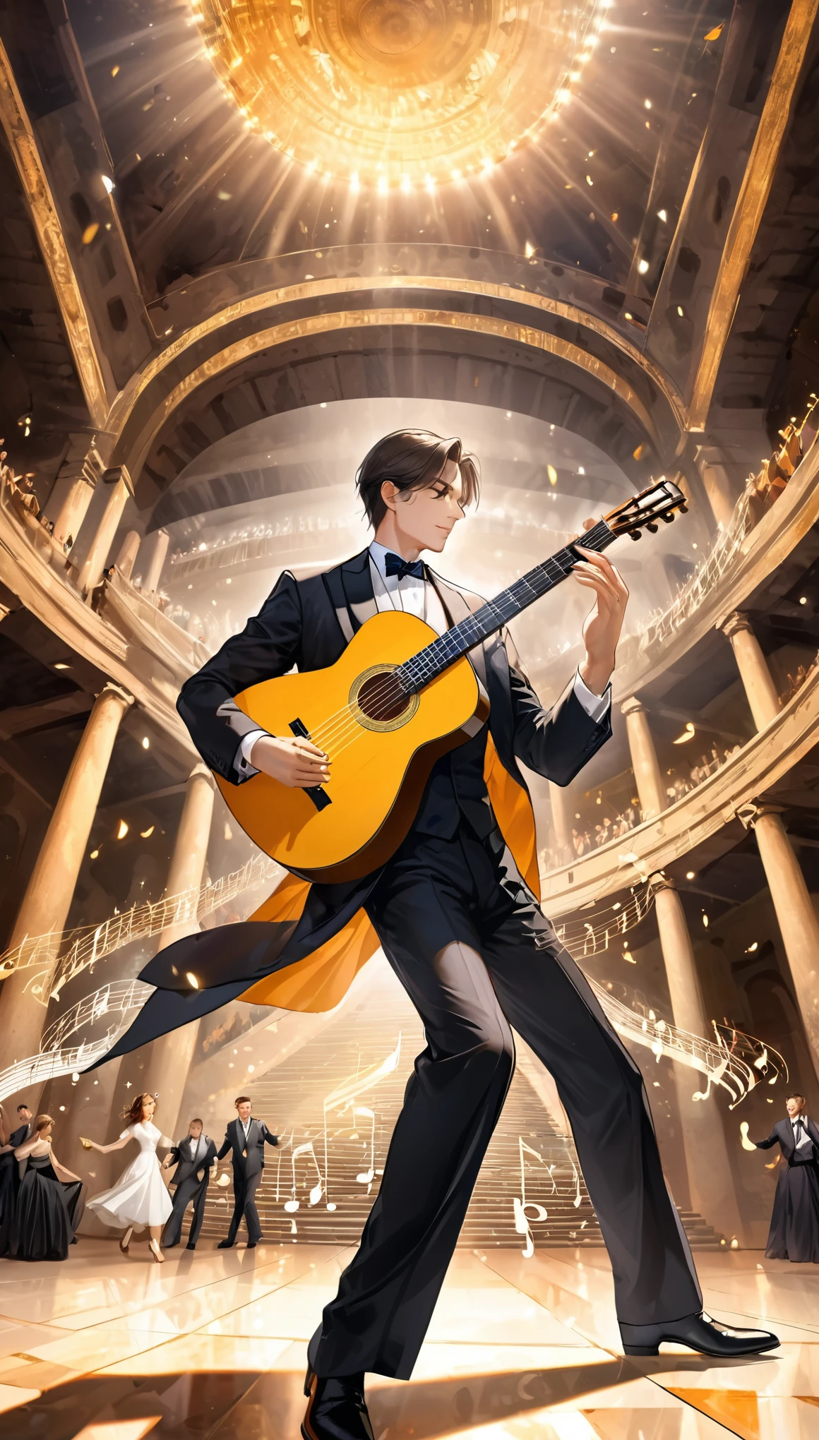 best quality, super fine, 16k, extremely detailed, 2.5D, delicate and dynamic, beautiful guitarist playing classical guitar, formal attire, ancient stone Colosseum, dancing musical notes, illuminated concert hall effects