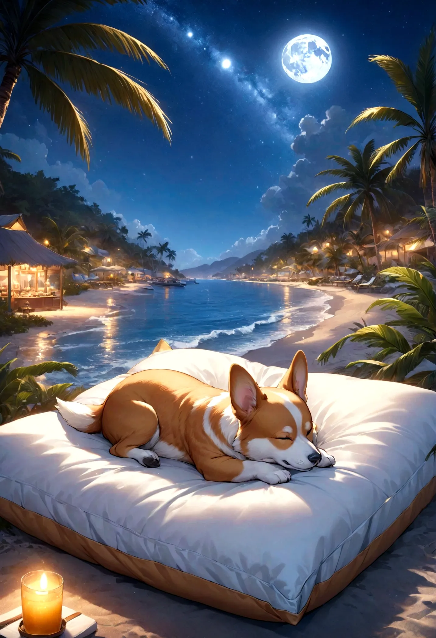 high resolution, 8k resolution, by the sea, moon, beautiful starry sky, corgi sleeping soundly on a pillow,palm tree,vacation,fa...