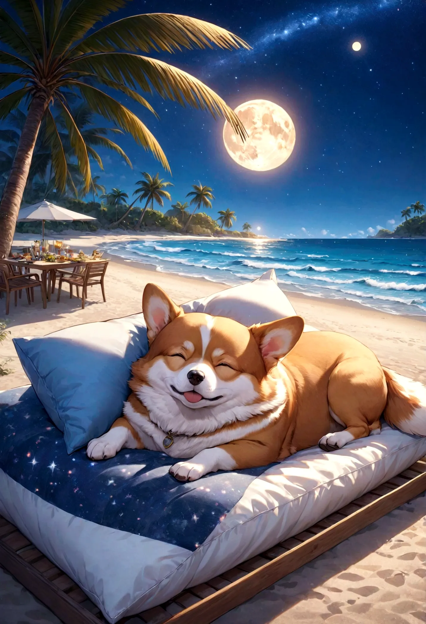 high resolution, 8k resolution, by the sea, moon, beautiful starry sky, corgi sleeping soundly on a pillow,palm tree,vacation,fa...