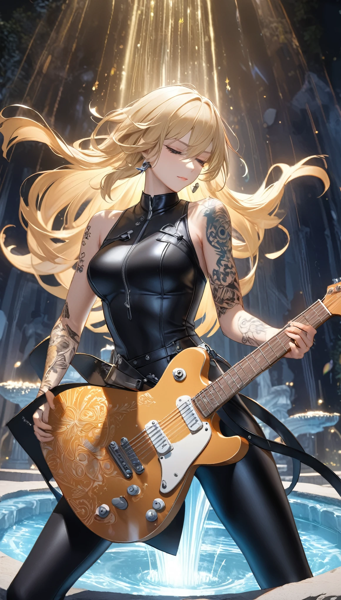 best quality, super fine, 16k, extremely detailed, 2.5D, delicate and dynamic, beautiful and cool rock guitarist playing guitar solo while standing in the center of stone fountain, cool guitar with star-shaped body, slim and tight leather outfit, tattoo on arms, blonde hair, cool standing posture, mysterious and fantastical light-up effect