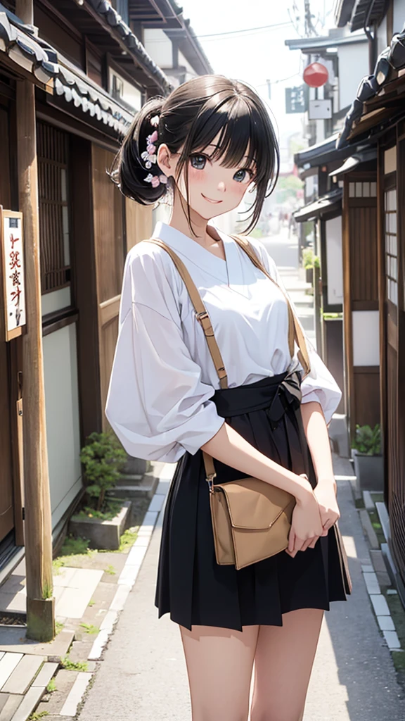 young woman、smile、Cool hairstyle、Blushing、masterpiece、High resolution、16k、Spring clothes in fresh colors、(Very close:1.5)、Explore the streets of Kyoto