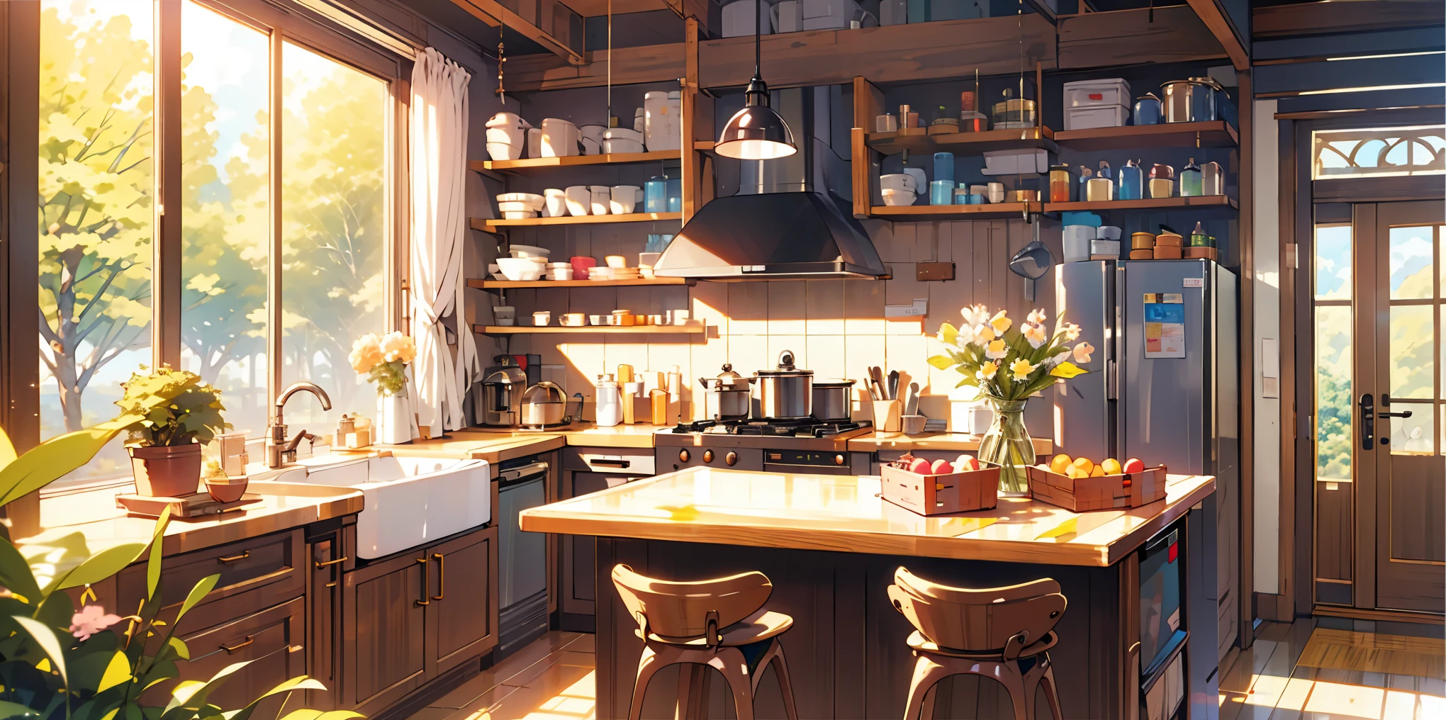 masterpiece,best quality,official art,extremely detailed CG unity 8k wallpaper,outdoors, animal, kitchen，vase，Sunlight,studio ghibli,Warmth,vivid colors, intense lighting,