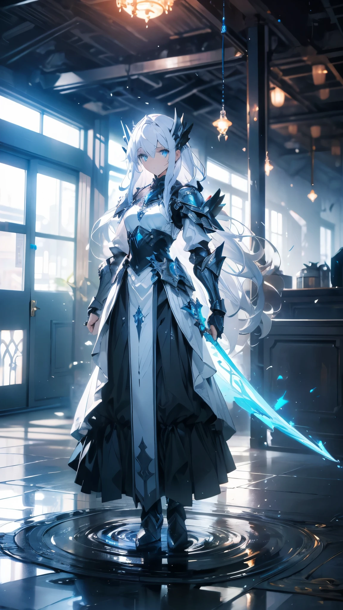 ((masterpiece, best quality)), Epic battlefield atmosphere，Water Ripples，Delicate face，Depicts a beautiful knight with long, flowing white hair，whole body，Standing picture，glowing blue eyes，She was wearing white armor，Perfect body proportions