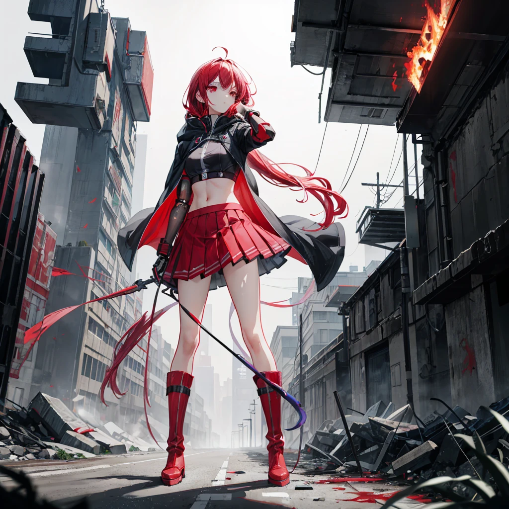 (masterpiece, highest quality), (Perfect athletic body:1.2), (Detailed Hair), Super detailed, Anime Style, whole body, Cyberpunk Girl, Sea green twin-tailed hairstyle and red eyes, Wearing a shabby cloak and red skirt, Burnt mechanical limbs, Black and purple flaming fist, Standing in the wasteland, Wearing long boots, Digital Painting, 8K High Resolution, whole body, White Background, Dynamic pose