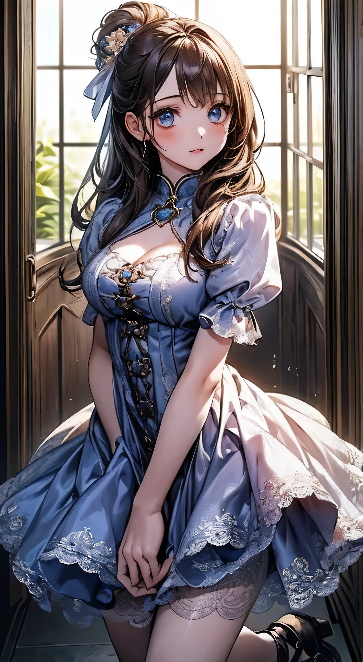 (masterpiece, highest quality, highest quality, Official Art, beautifully、aesthetic:1.2), (1 girl), Highly detailed eyes, (A cute mini dress that shows off your bust:1.4),Alice Shoes、Natural light、Shining Girl,Flower Hair Ornaments,Soft Breasts
