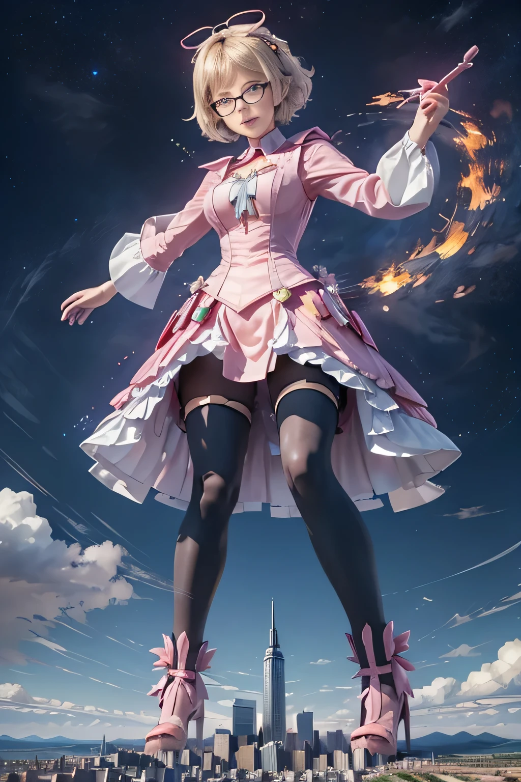 giantess art, highly detailed giantess shots, giantess, Two legs, Five fingers, short hair, A beautiful girl who is bigger than a skyscraper, Wearing rimless glasses, smile, Big Breasts, pink dress, bow, magical girl, holding a magical wand, black pantyhose, pink stiletto heels, thunderbolt from a magical wand, Destroying cities, A very small big city, Miniature metropolis, Full body description, GTS, giga giantess, stomping city, crash city, tiny city, micro city, pantyhose feet, High resolution, highest quality, masterpiece, 