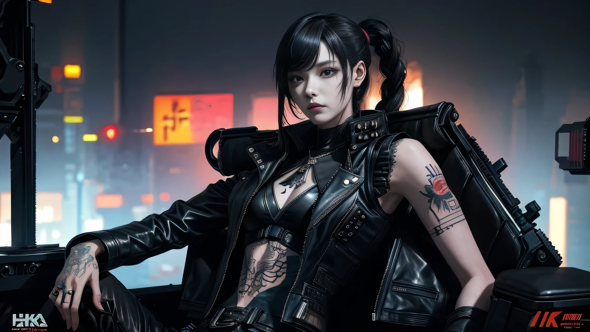 (highest quality)，masterpiece，Very detailed，8k, Ultra-high resolution，Beautiful woman，Japanese women，Expressionless，whole body，((tattoo))，slim，Black Leather Pants，Black Leather Vest，(Female Mafia)，gang，(Cyberpunk City)，night，Cinematic lighting，underworld ,1 girl,