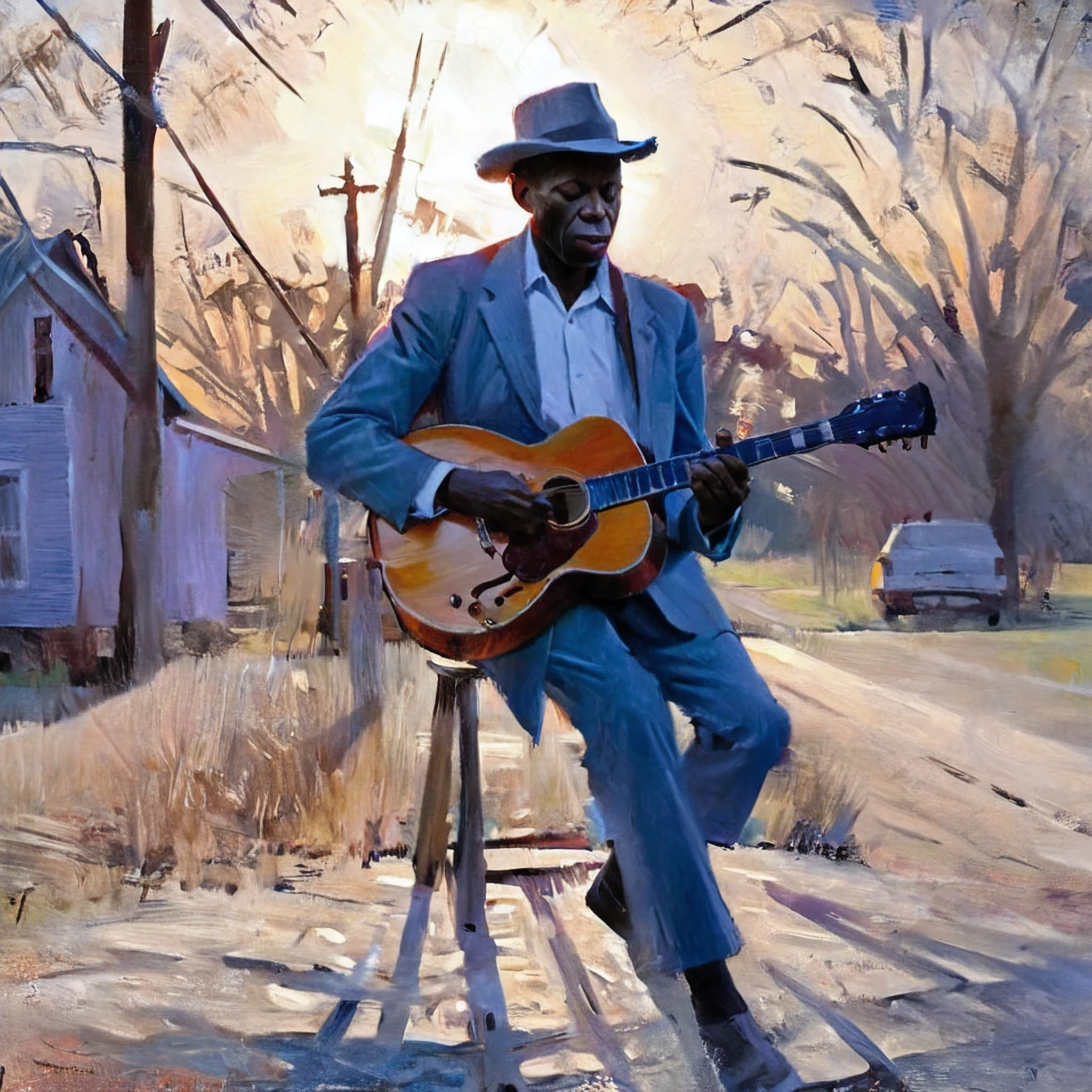 Guitarist, robert johnson, Cruce de caminos, fuerte contraste de luz solar, clarkdale, Misisipi, cepillo áspero, bichú, pintura al óleo