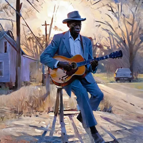 Guitarist, Robert Johnson, cross road, strong contrast of sunlight, clarksdale, mississippi, rough brush, bichu, oil painting