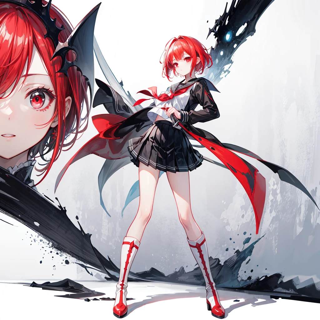 (masterpiece, highest quality),(Detailed Hair), Super detailed, Anime Style, whole body, High school girls、She wears a black sailor uniform and has milky white and red hair with short hair.、Red eyes、 Wearing long boots, Digital Painting, 8K High Resolution, whole body, White Background, Dynamic pose、Standing on the desolate land、Large Blade、Vampire Hunter、