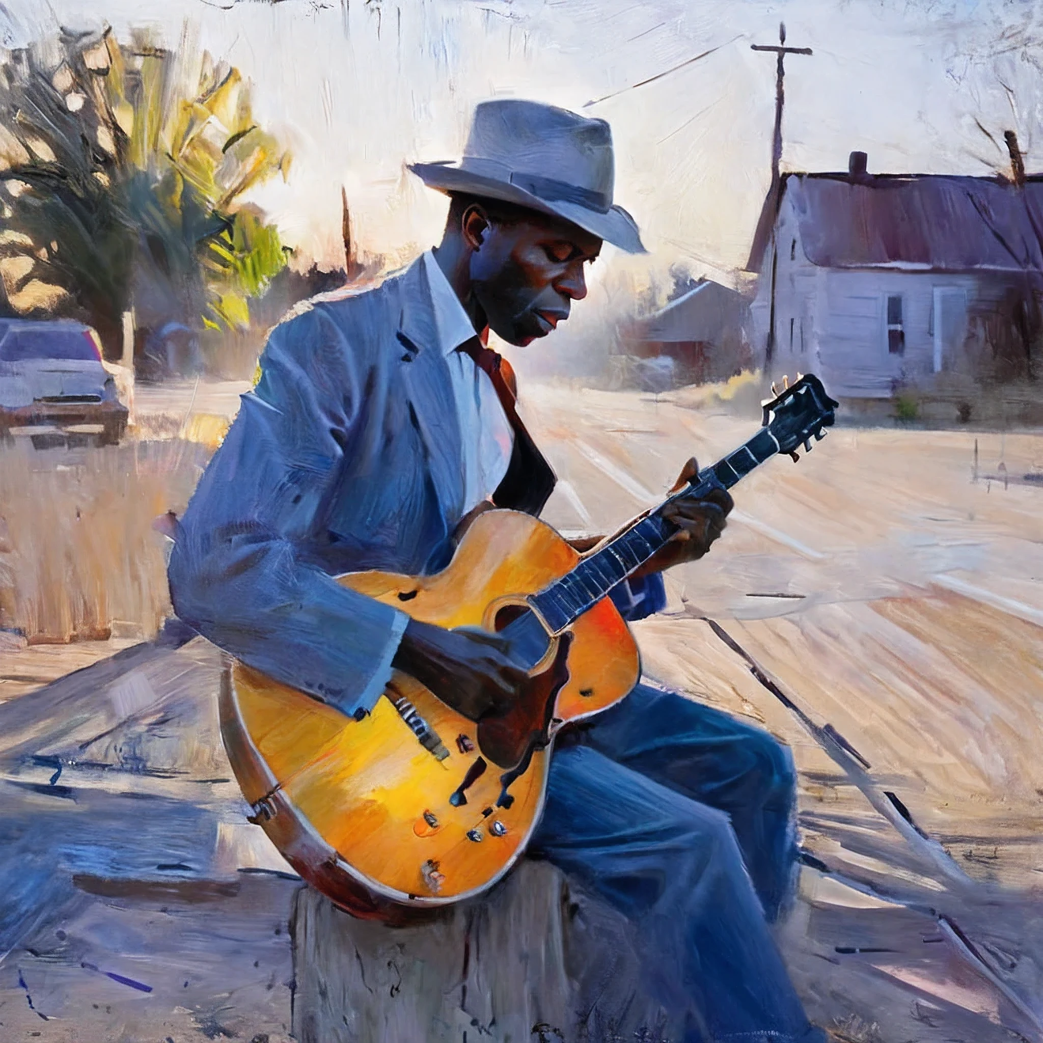 Guitariste, Robert Johnson, Carrefour, fort contraste de lumière du soleil, Clarksdale, Mississippi, pinceau rugueux, BICHU, peinture à l&#39;huile